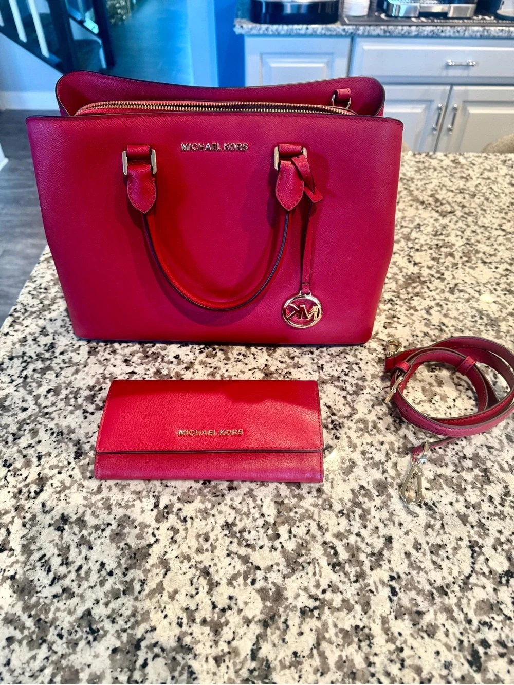 Michael Kors Red Saffiano Leather Satchel with Matching Wallet